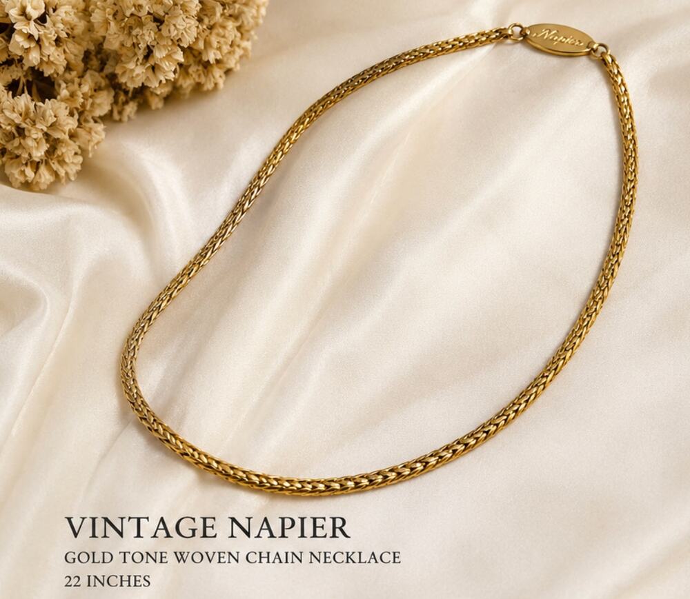Vintage Napier Gold Tone Woven Chain Necklace 22" Rope Wheat Classic Jewelry